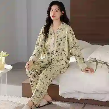 莫代尔 亲肤透气柔软舒适开衫长袖长裤睡衣套装 女款 抹茶色