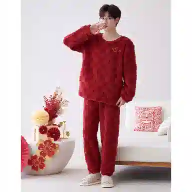 莫代尔 保暖亲肤舒适透气细腻圆领气质时尚家居服长袖长裤可外穿睡衣套装 男女同款 红色