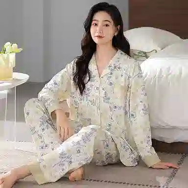 莫代尔 小清新时尚亲肤透气细腻柔软舒适开衫翻领长袖可外穿春秋季睡衣套装 女款 杏色