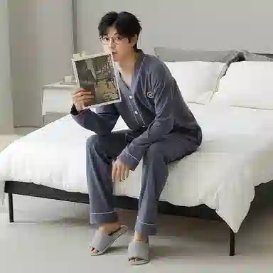 莫代尔 小清新显瘦开衫长袖长裤简约亲肤舒适柔软家居服可外穿睡衣套装 男女同款