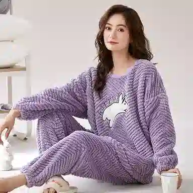 莫代尔 加厚柔软舒适细腻长袖长裤可外穿睡衣套装 女款 淡紫色