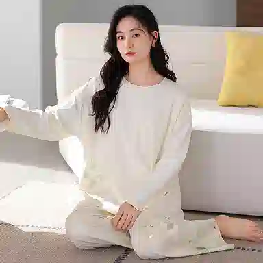 莫代尔 韩版小清新长袖长裤简约柔软亲肤舒适轻盈透气居家可外穿睡衣套装 女款 白色