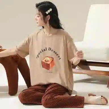 莫代尔 百搭舒适轻盈透气圆领套头时尚柔软亲肤细腻不易起球短袖长裤可外穿夏季睡衣套装 女款 棕色