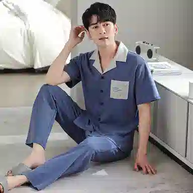 莫代尔 柔软舒适透气亲肤微弹耐磨吸汗开衫短袖松紧裤腰不勒腹长裤可居家休闲可外穿睡衣套装 男款 灰蓝色