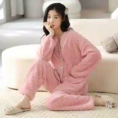 莫代尔 亲肤保暖开衫纯色家居服可外穿睡衣套装 女款 粉色