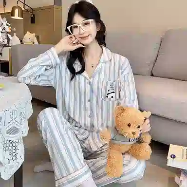 莫代尔 简约条纹满印甜美时尚亲肤舒适长袖长裤开衫翻领家居服可外穿睡衣套装 女款 粉蓝色