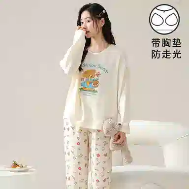莫代尔 简约时尚耐磨透气亲肤免穿文胸圆领套头长袖长裤睡衣套装 女款 白色