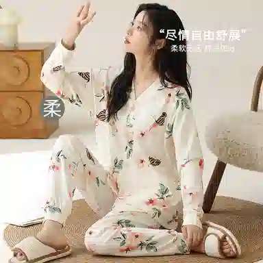 莫代尔 柔软透气吸湿排汗轻盈微弹亲肤耐磨舒适长袖长裤居家休闲可外穿睡衣套装 女款 杏色