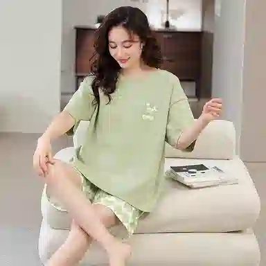 莫代尔 薄款卡通兔韩版时尚满印花千鸟格格仔裤甜美少女睡衣套装 女款 黄绿色