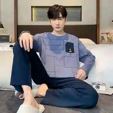 莫代尔 细腻耐磨舒适柔软亲肤透气微弹长袖松紧裤腰不勒腹长裤可居家休闲可外穿睡衣套装 男款 蓝色