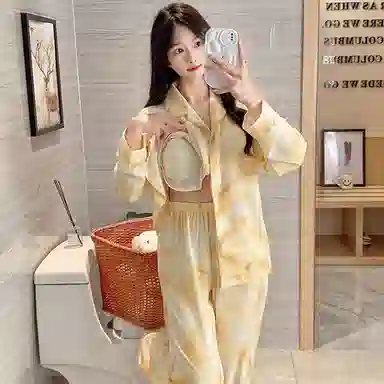 莫代尔 简约亲肤带胸垫防凸点翻领开衫长袖时尚可外穿长裤睡衣套装 女 杏色