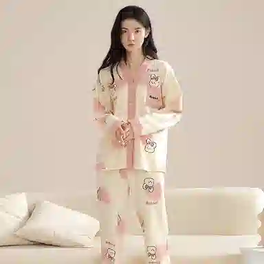 莫代尔 亲肤舒适长袖不勒腹长裤可居家休闲可外穿睡衣套装 女款 杏色