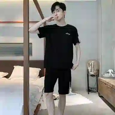 莫代尔 透气舒适经典圆领套头无束缚短袖柔软亲肤不易起球居家服可外穿睡衣套装 男款 黑色