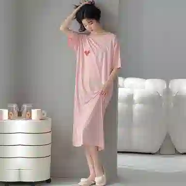 莫代尔 圆领简约舒适短袖睡裙 女款 粉红色