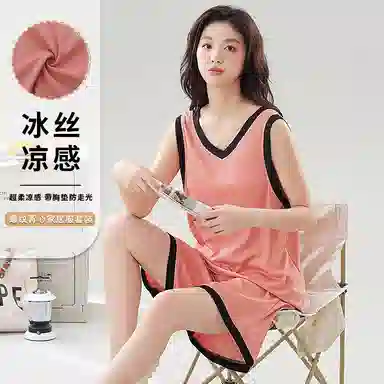 莫代尔 可外穿简约柔软设计感透气休闲轻盈微弹免穿文胸带杯垫防凸点无袖三分裤家居服睡衣套装 女款