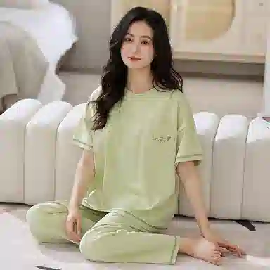莫代尔 舒适简约时尚气质圆领套头个性百搭柔软亲肤不易起球短袖长裤可外穿夏季睡衣套装 女款 浅绿色