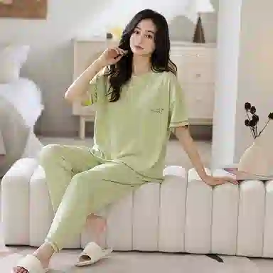 莫代尔 舒适简约时尚气质圆领套头个性百搭柔软亲肤不易起球短袖长裤可外穿夏季睡衣套装 女款 浅绿色