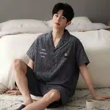 莫代尔 慵懒随性气质时尚百搭翻领开衫舒适亲肤细腻耐磨耐穿休闲简约短袖短裤两件套可外穿睡衣套装 男款