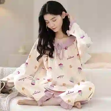 莫代尔 吸湿排汗微弹亲肤耐磨细腻舒适柔软透气可居家休闲可外穿长袖长裤睡衣套装 女款 杏色