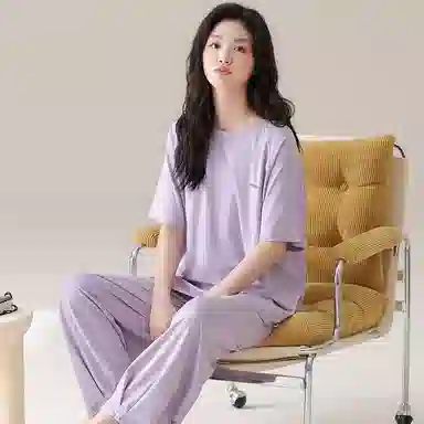 莫代尔 宽松显瘦轻薄透气圆领套头个性百搭舒适柔软亲肤细腻短袖长裤不易起球家居服可外穿女士睡衣套装 女款