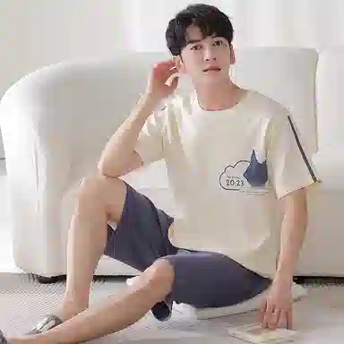 莫代尔 薄款韩版卡通时尚亲肤透气短袖五分裤家居服休闲可外穿睡衣套装 男款 杏色