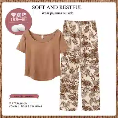 莫代尔 带胸垫防凸点印花短袖舒适透气亲肤长裤可外穿睡衣套装 女款 浅棕色