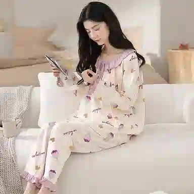 莫代尔 吸湿排汗微弹亲肤耐磨细腻舒适柔软透气可居家休闲可外穿长袖长裤睡衣套装 女款 杏色