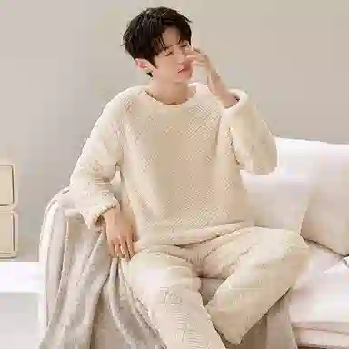 莫代尔 时尚套头圆领长袖长裤保暖亲肤舒适家居服可外穿睡衣套装 男女同款 杏色