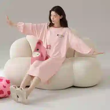 莫代尔 轻盈耐磨微弹吸湿排汗透气柔软细腻舒适亲肤可居家休闲可外穿长袖睡裙套装 女款 粉色