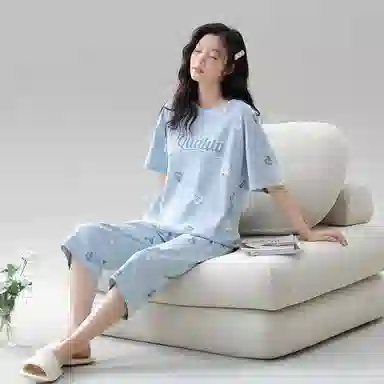 莫代尔 薄款舒适亲肤短袖七分裤韩版甜美时尚家居服睡衣套装 女款 浅蓝色