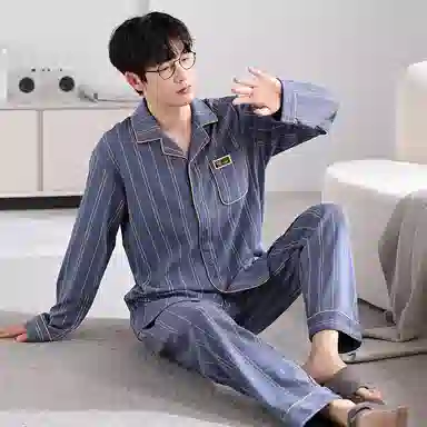 莫代尔 耐磨轻盈透气细腻亲肤吸湿排汗舒适柔软开衫长袖长裤居家休闲可外穿睡衣套装 男 灰蓝色