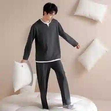 莫代尔 宽松百搭舒适亲肤圆领套头气质轻柔细腻长袖长裤可外穿夏季睡衣套装 男女同款