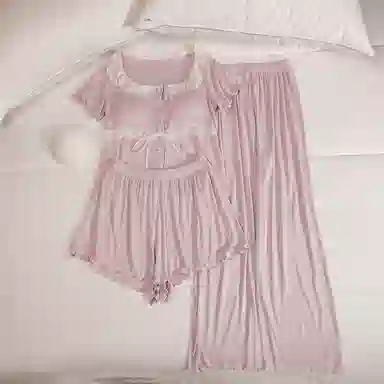 莫代尔 韩版休闲简约轻盈透气套头舒适柔软亲肤细腻带胸垫防凸点短袖家居服睡衣套装 女款