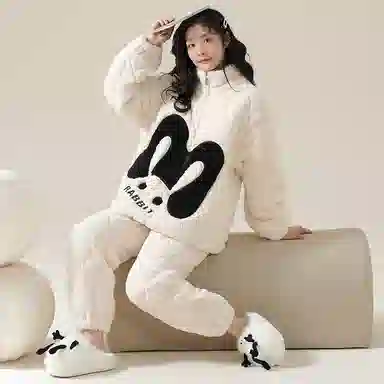 莫代尔 保暖亲肤加绒加厚舒适暖绒柔软储温蓄热卡通兔时尚韩版休闲简约拉链绒可外穿睡衣套装 男女同款