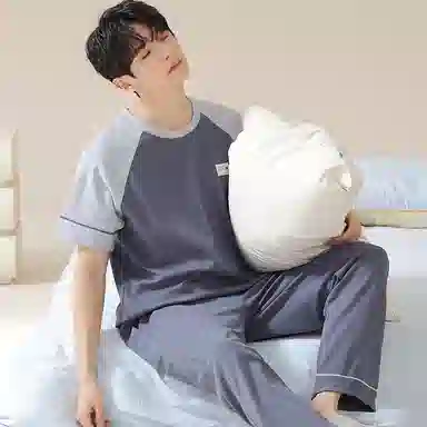 莫代尔 时尚纯色韩系舒适透气亲肤圆领套头短袖上衣双口袋松紧带长裤居家休闲可外穿睡衣套装 男款 图片色