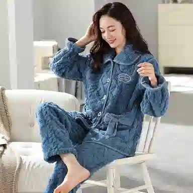 莫代尔 气质轻熟风舒适透气不臃肿显瘦亲肤细腻长袖长裤不勒腹时尚可外穿加厚保暖蓄热睡衣套装 女款 藏青色