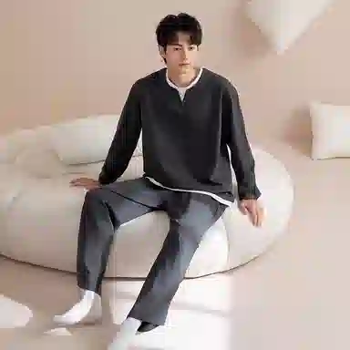 莫代尔 宽松百搭舒适亲肤圆领套头气质轻柔细腻长袖长裤可外穿夏季睡衣套装 男女同款
