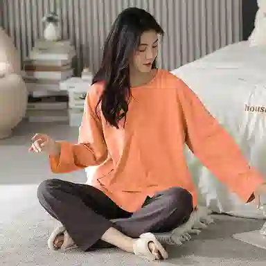 莫代尔 亲肤舒适套头圆领长袖长裤家居服可外穿睡衣套装 女款 桔红色