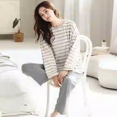 莫代尔 舒适亲肤条纹长袖长裤家居服睡衣套装 女款 灰色