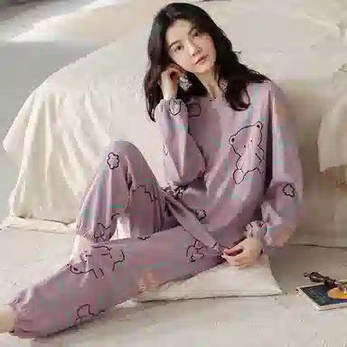 莫代尔 圆领简约舒适字母长袖上衣松紧腰长裤睡衣套装 女款 灰紫色