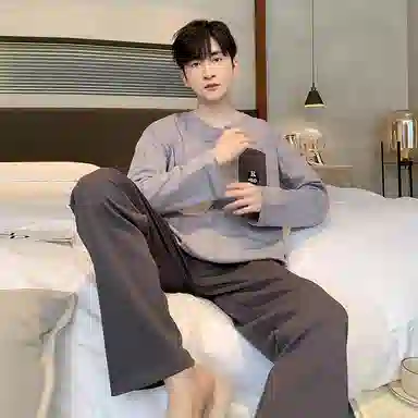 莫代尔 细腻耐磨舒适柔软亲肤透气微弹长袖松紧裤腰不勒腹长裤居家休闲可外穿睡衣套装 男款 紫色