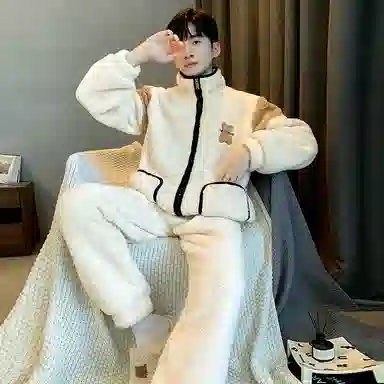 莫代尔 舒适保暖韩版时尚卡通可外穿休闲简约睡衣套装 男款 杏色