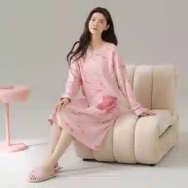 莫代尔 轻盈耐磨微弹透气吸湿排汗柔软长袖睡裙 女款 粉色