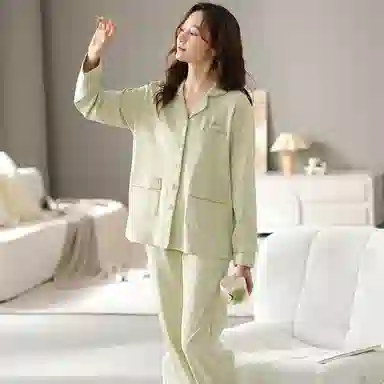 莫代尔 时尚舒适休闲纯色格纹居家翻领开衫长袖上衣双口袋松紧带长裤可外穿睡衣套装 女款 香槟色