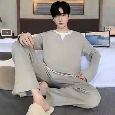 莫代尔 亲肤舒适套头圆领长袖家居服可外穿长裤睡衣套装 男款 卡其色