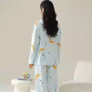 莫代尔 简约风舒适轻薄柔软温柔透气亲肤吸湿排汗翻领开衫长袖长裤家居服可外穿睡衣套装 女款 浅蓝色