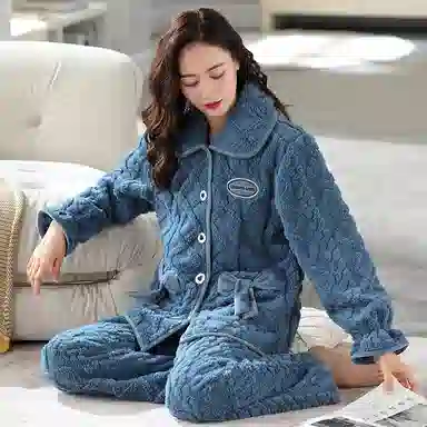 莫代尔 气质轻熟风舒适透气不臃肿显瘦亲肤细腻长袖长裤不勒腹时尚可外穿加厚保暖蓄热睡衣套装 女款 藏青色