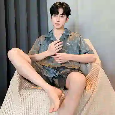 莫代尔 舒适百搭翻领开衫时尚无束缚短袖可外穿家居服睡衣套装 男款 暗青色