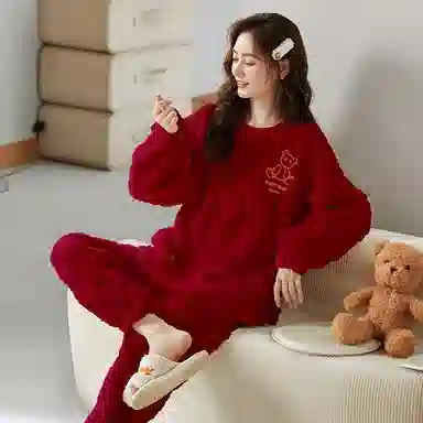莫代尔 保暖储温蓄热防寒亲肤舒适长袖长裤套头圆领家居服可外穿睡衣套装 女款 红色