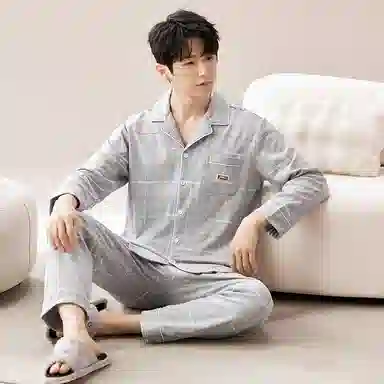 莫代尔 舒适透气柔软亲肤细腻纯棉宽松微弹耐磨开衫长袖中腰长裤可居家休闲外穿睡衣套装 男款 银色